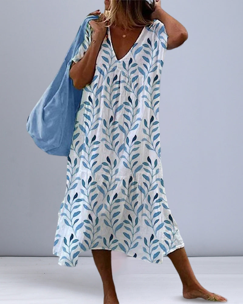 Elegant Women's Seraphine Dress with Triangular Collar and Printed Top Entry Inspired by Leaves
