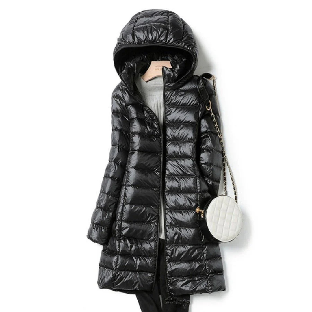Long down jacket for women with a warm hood and maximum comfort