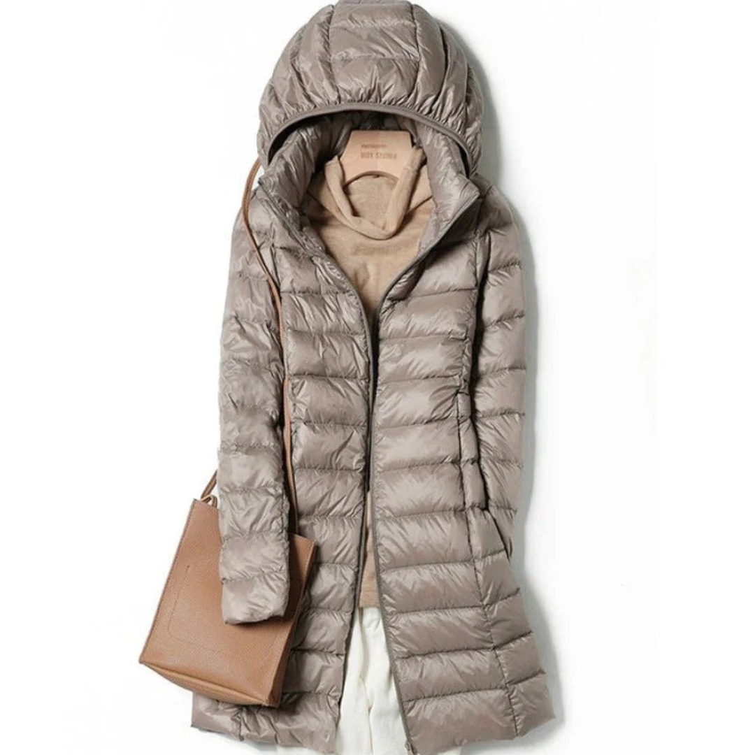 Fashionable winter coat for women with a warm fabric hat and perfect popcorn design for cold days