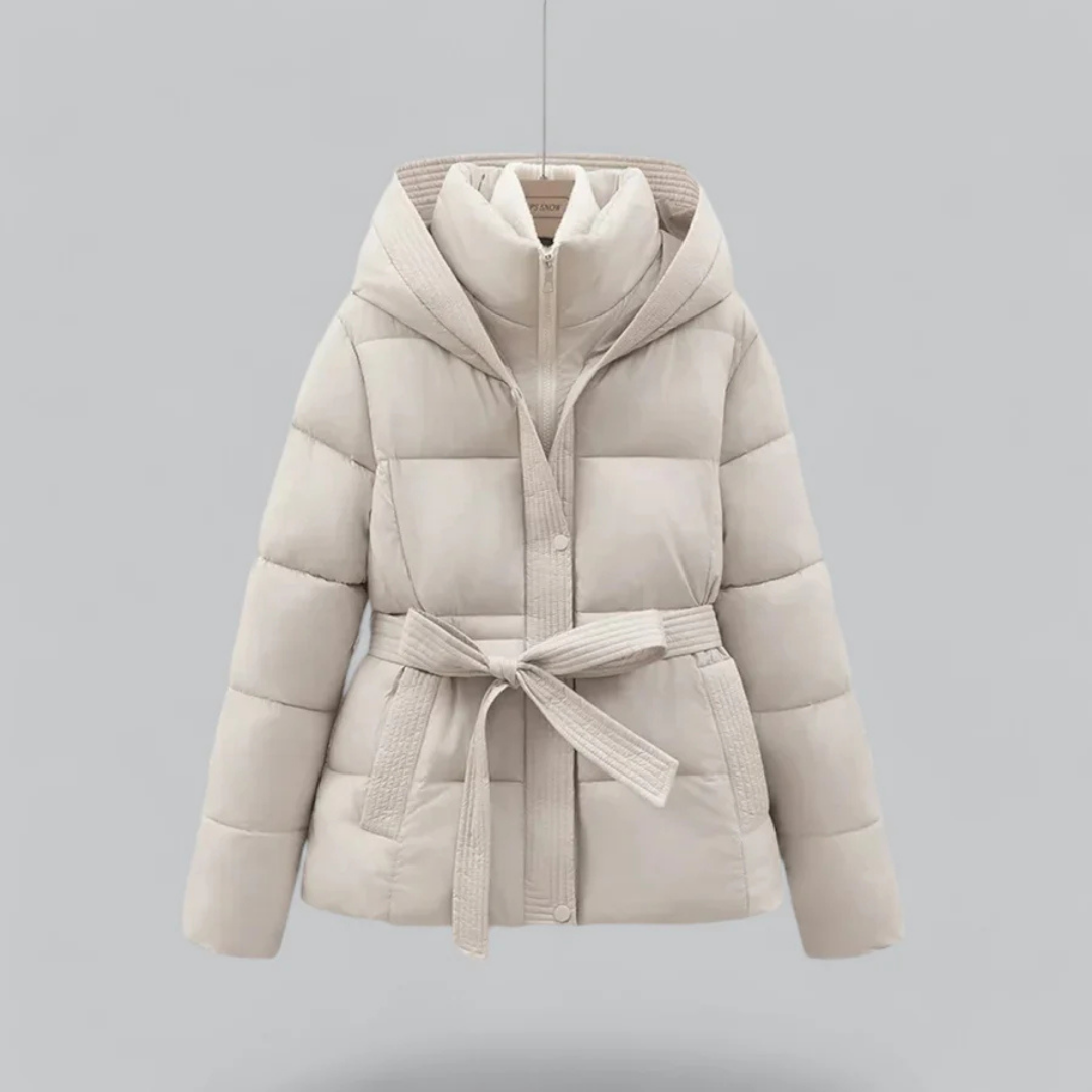 Winter puff coat for women with belt, hood, and cropped design: a stylish and functional combination of original warmth and protection