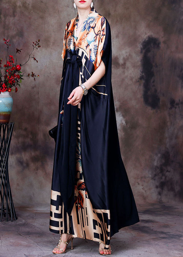 Colorful Silk Dress in Italy with V-Neck, Asymmetric Design, and Short Sleeves