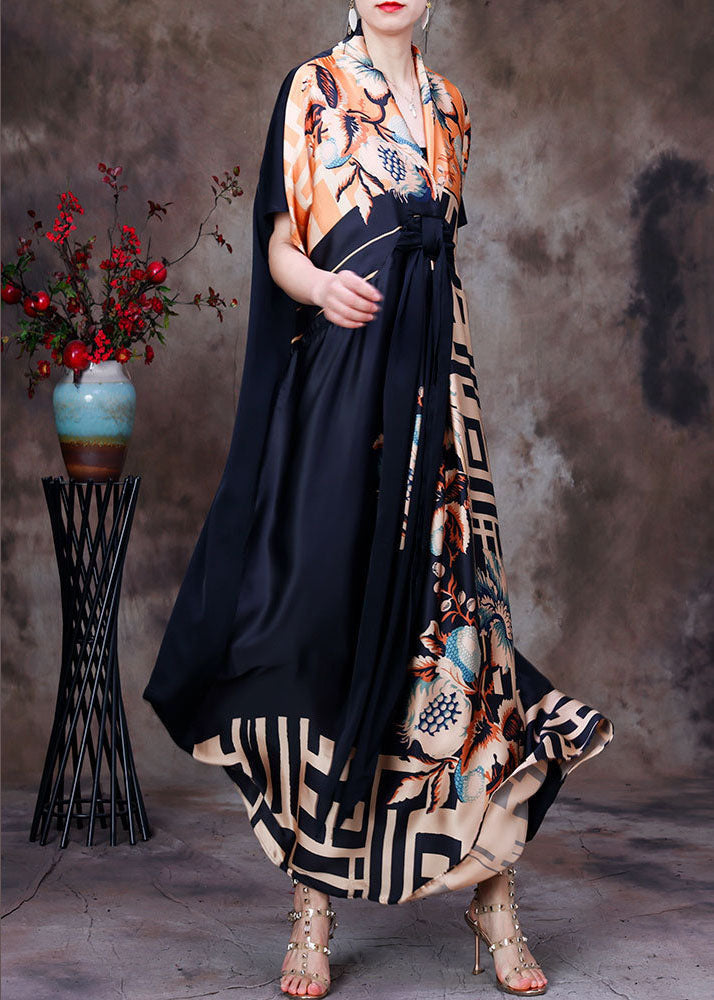 Colorful Silk Dress in Italy with V-Neck, Asymmetric Design, and Short Sleeves