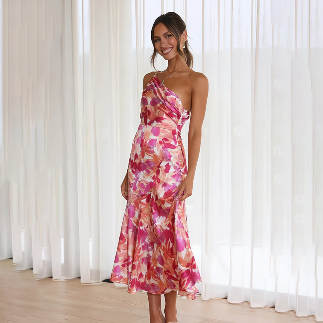 Elegant floral dress by Mickey with unique entry style