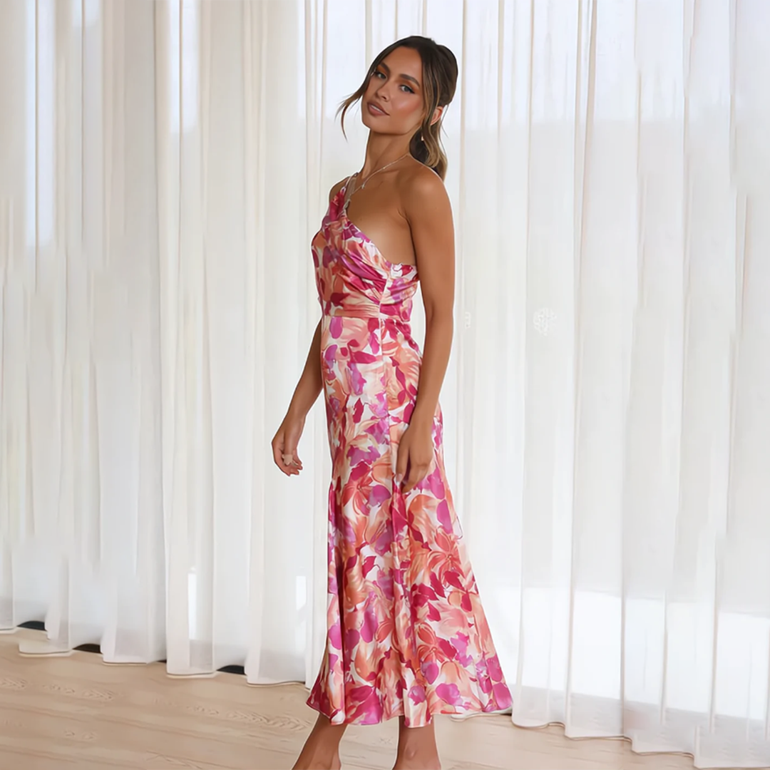 Elegant floral dress by Mickey with unique entry style