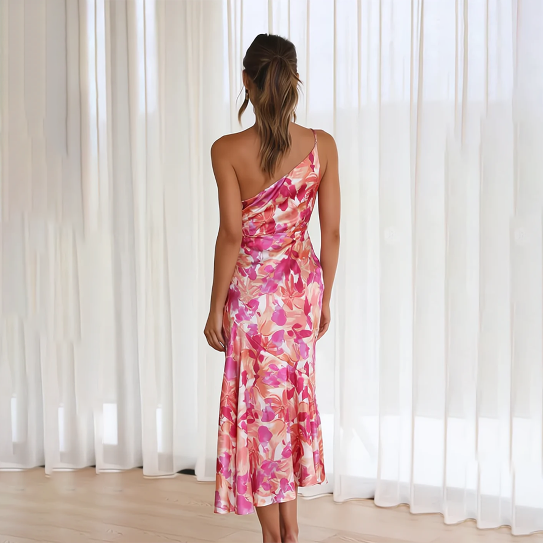 Elegant floral dress by Mickey with unique entry style