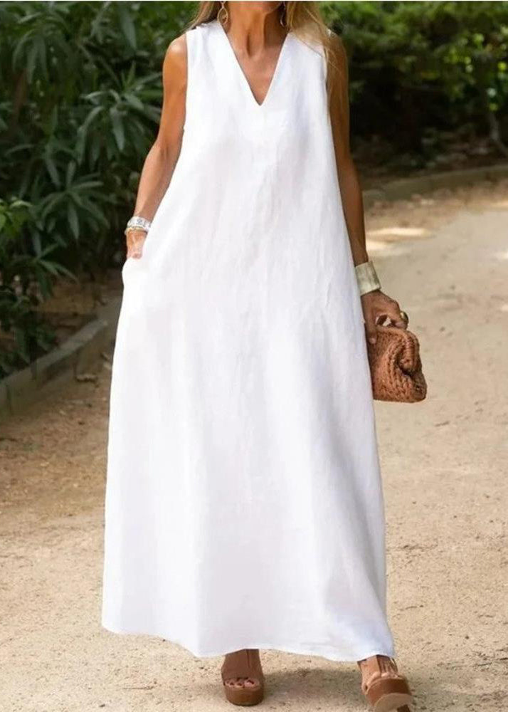 Elegant bohemian white cotton dress with V neckline and A-line hem sleeveless for a luxurious style