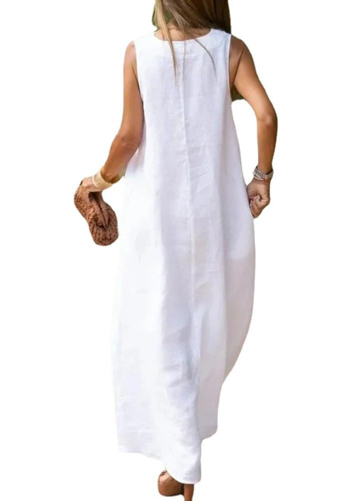 Elegant bohemian white cotton dress with V neckline and A-line hem sleeveless for a luxurious style