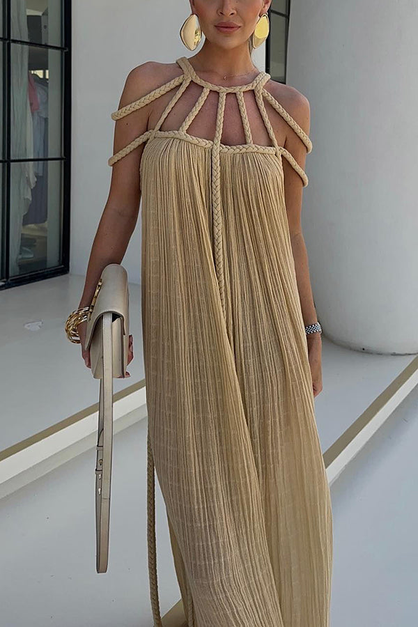 Elegant Maxi Dress with Detailed Pleats andDesigned Braided Details Made from Premium Linen Blend Fabric