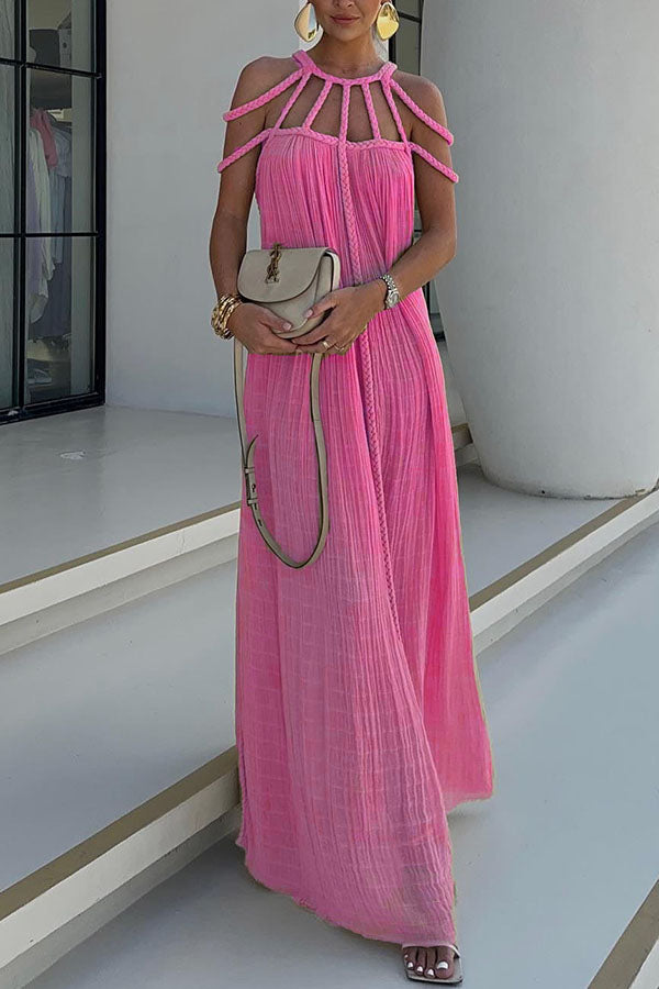 Elegant Maxi Dress with Detailed Pleats andDesigned Braided Details Made from Premium Linen Blend Fabric