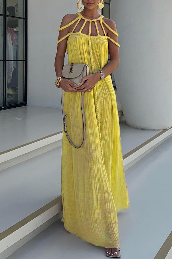 Elegant Maxi Dress with Detailed Pleats andDesigned Braided Details Made from Premium Linen Blend Fabric