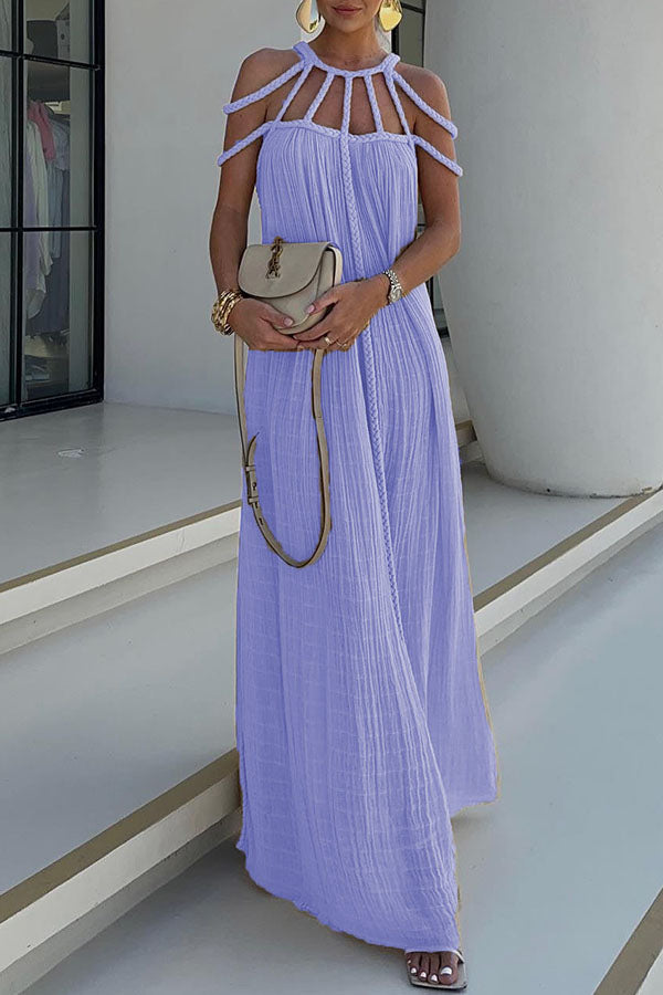 Elegant Maxi Dress with Detailed Pleats andDesigned Braided Details Made from Premium Linen Blend Fabric