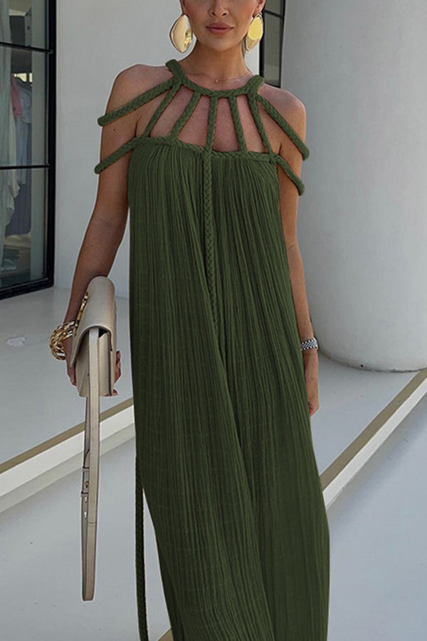 Elegant Maxi Dress with Detailed Pleats andDesigned Braided Details Made from Premium Linen Blend Fabric