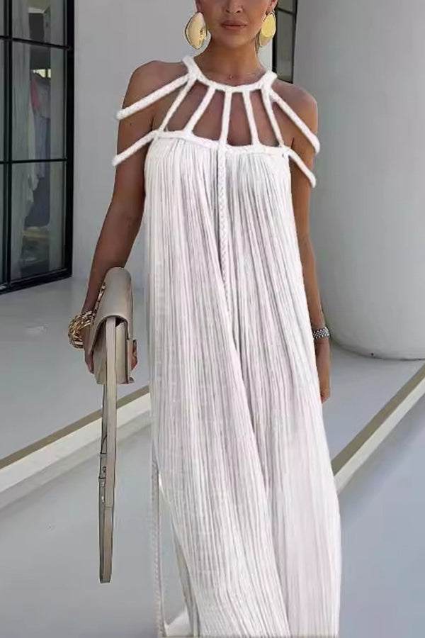 Elegant Maxi Dress with Detailed Pleats andDesigned Braided Details Made from Premium Linen Blend Fabric