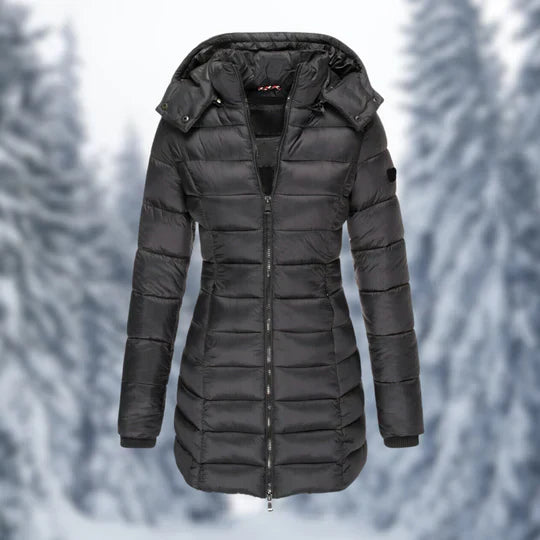 Women's mid-length waterproof winter coat with elegant curved lines - the perfect combination of warmth and style