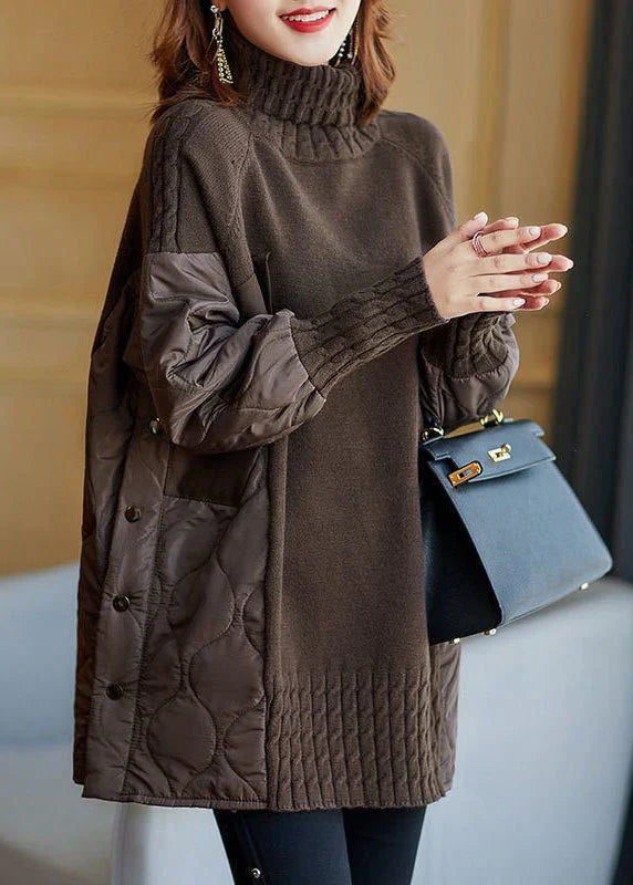 Wide knitted sweater with luxury turtleneck and unique patchwork for perfect comfort