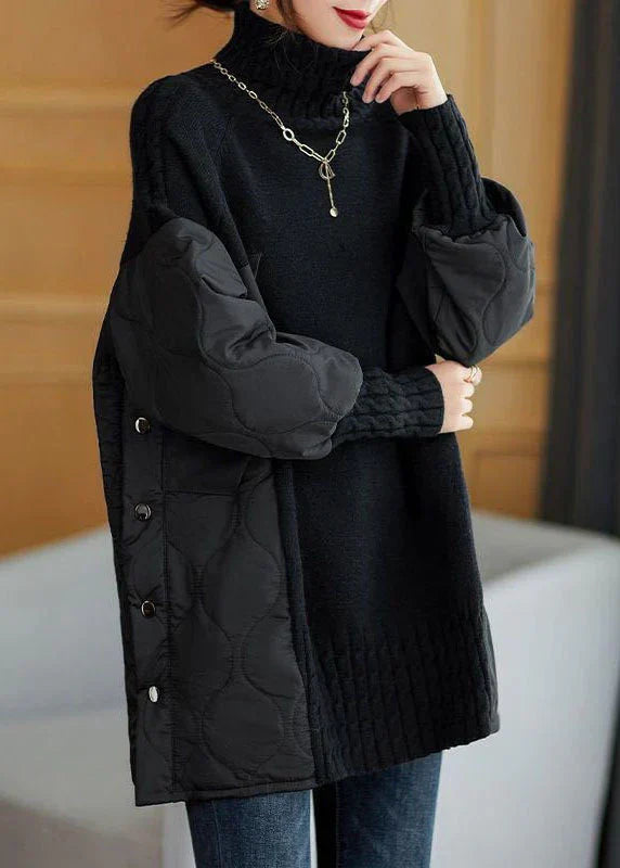 Wide knitted sweater with luxury turtleneck and unique patchwork for perfect comfort
