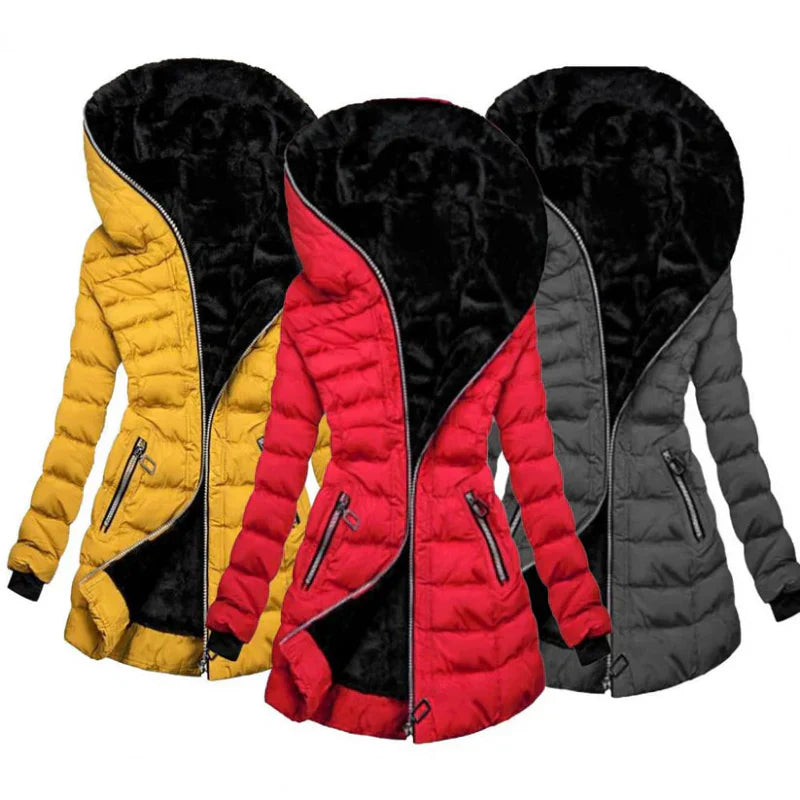 Long women's jacket with open zipper and hood โ comfort and warmth for winter