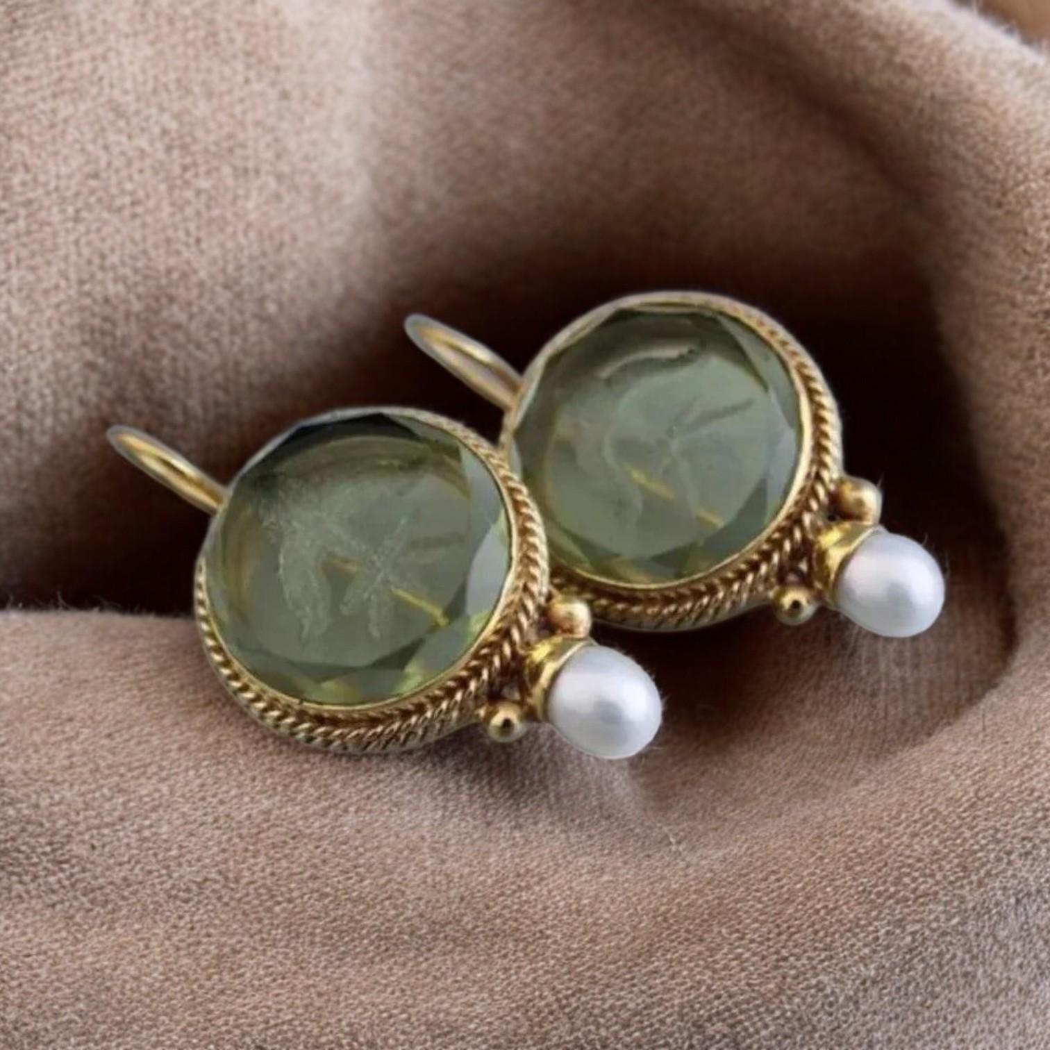 Vintage Style Pearl and Green Stone Earrings Leona