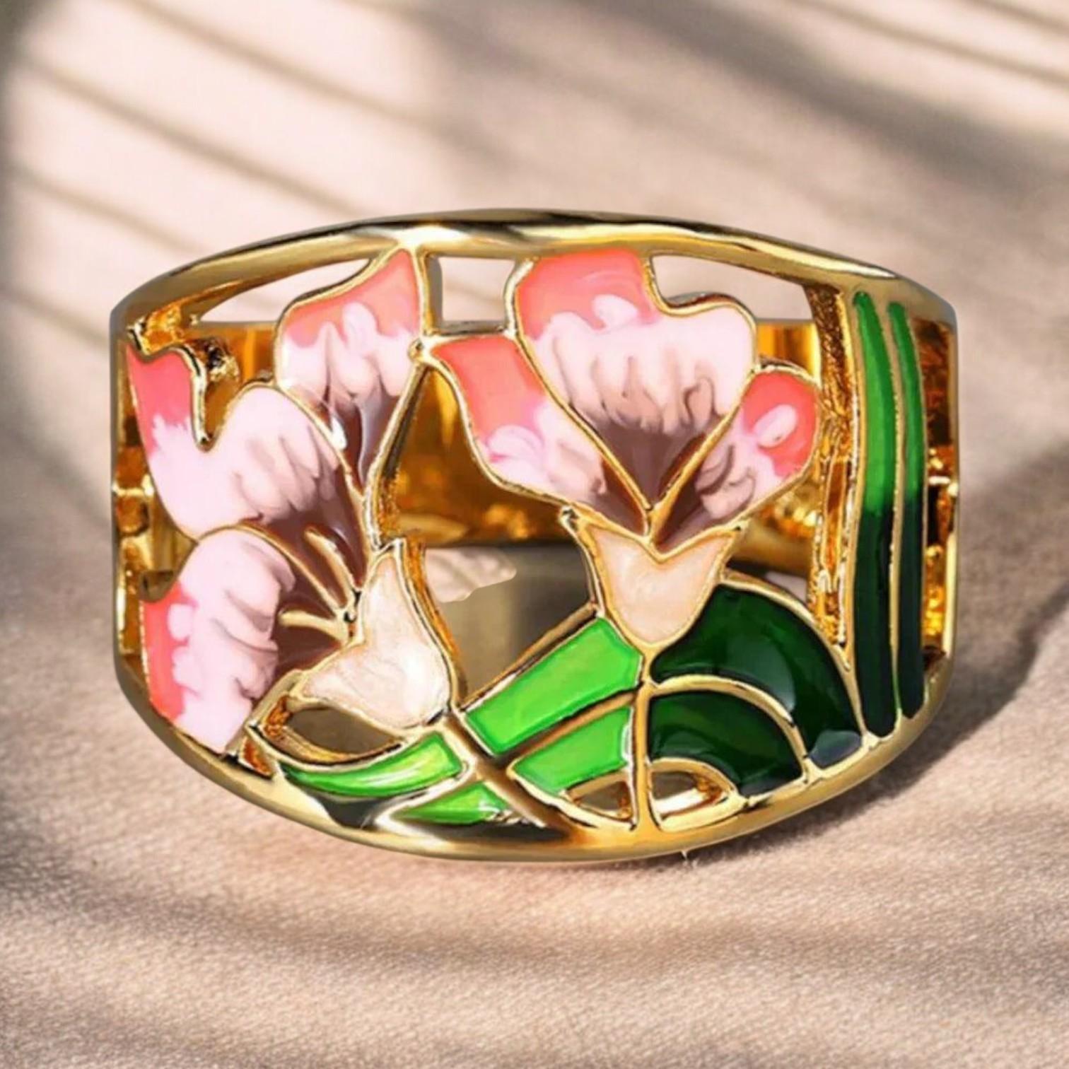 Heasley - Luxurious Flower Ring with Gold Enamelwork