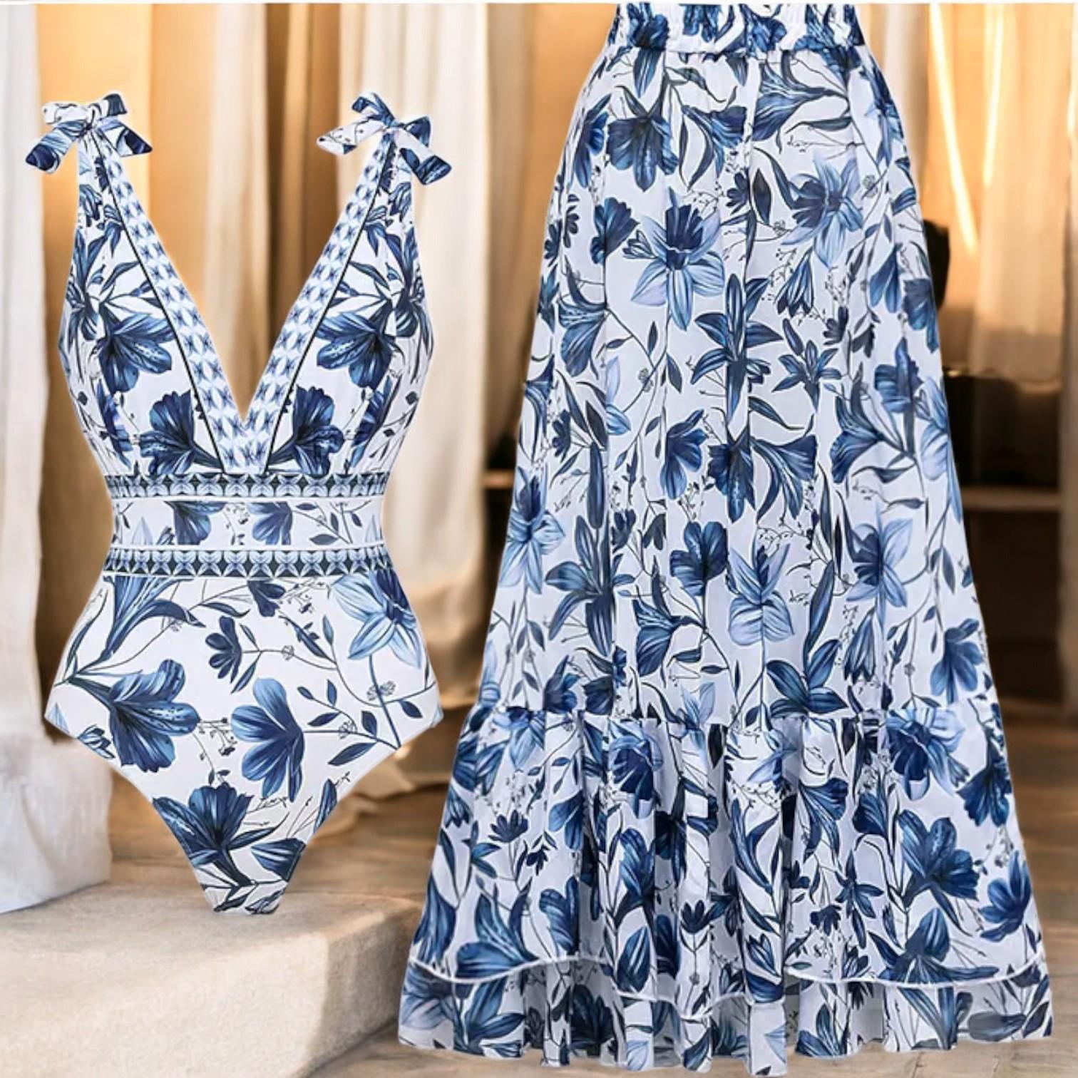 Cary - Floral Pattern One-Piece Swimsuit with V-neck and Elegant Design