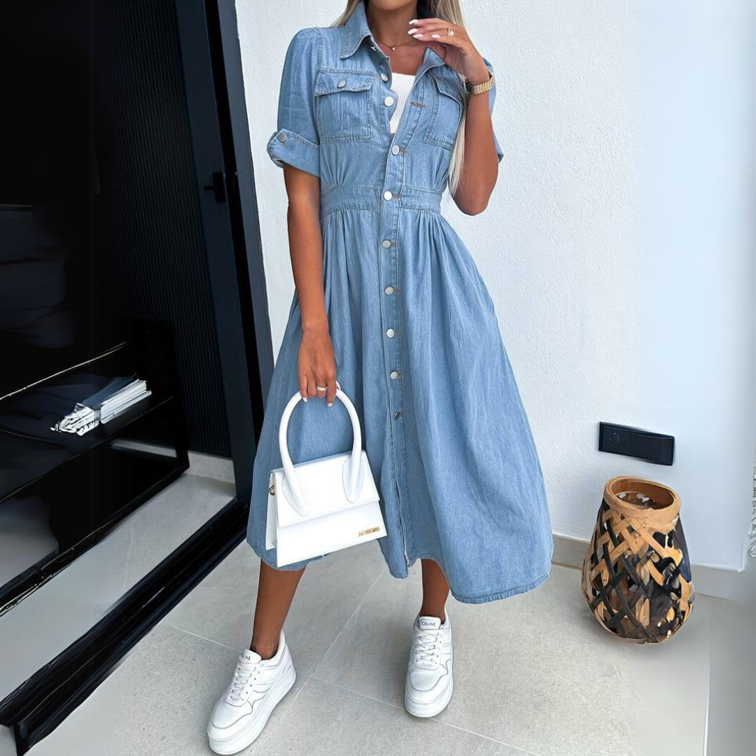Rolinda | Trendy Midi Denim Dress for fashionable and unique occasions