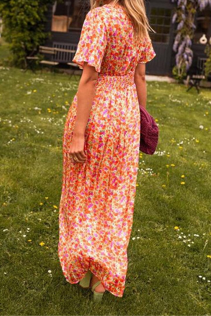 Sandra™ | Lightweight summer maxi dress with V-neckline and colorful floral trim