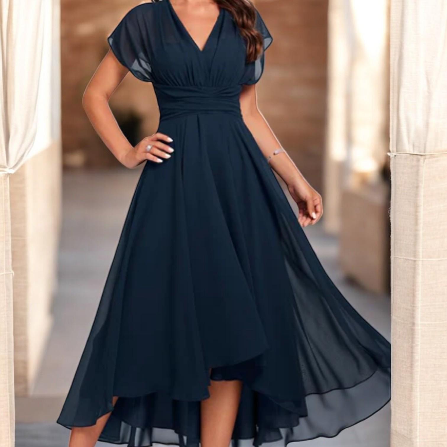 Women's Elegant Dress with V-Neck and Short Sleeves - Knee to Mid-Calf Length