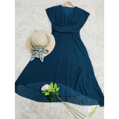 Women's Elegant Dress with V-Neck and Short Sleeves - Knee to Mid-Calf Length