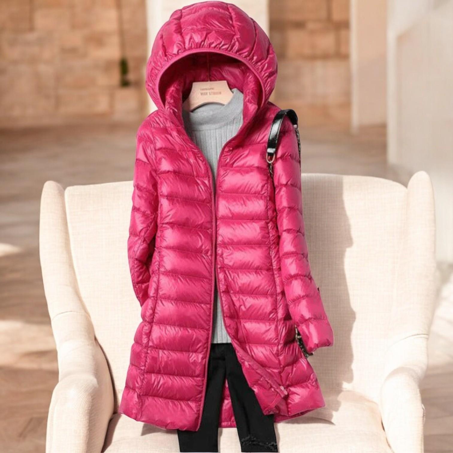 Fashionable winter coat for women with a warm fabric hat and perfect popcorn design for cold days
