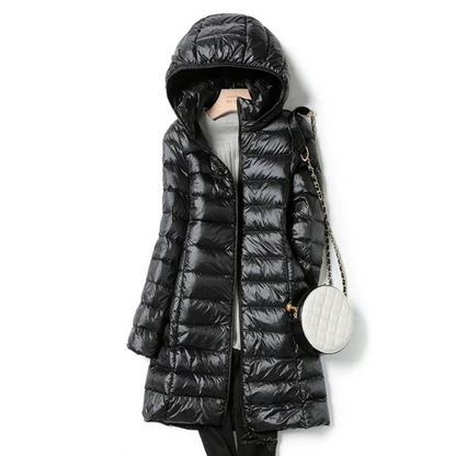 Long down jacket for women with a warm hood and maximum comfort