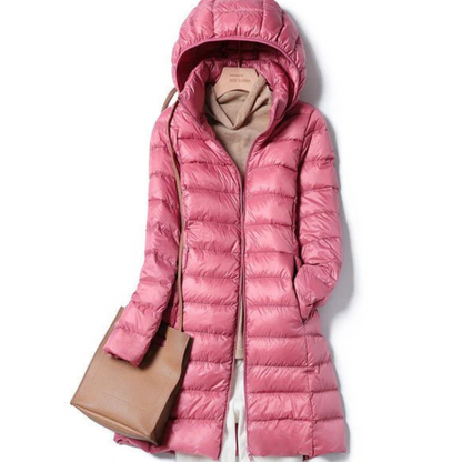 Long down jacket for women with a warm hood and maximum comfort