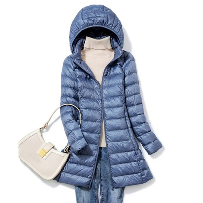 Long down jacket for women with a warm hood and maximum comfort