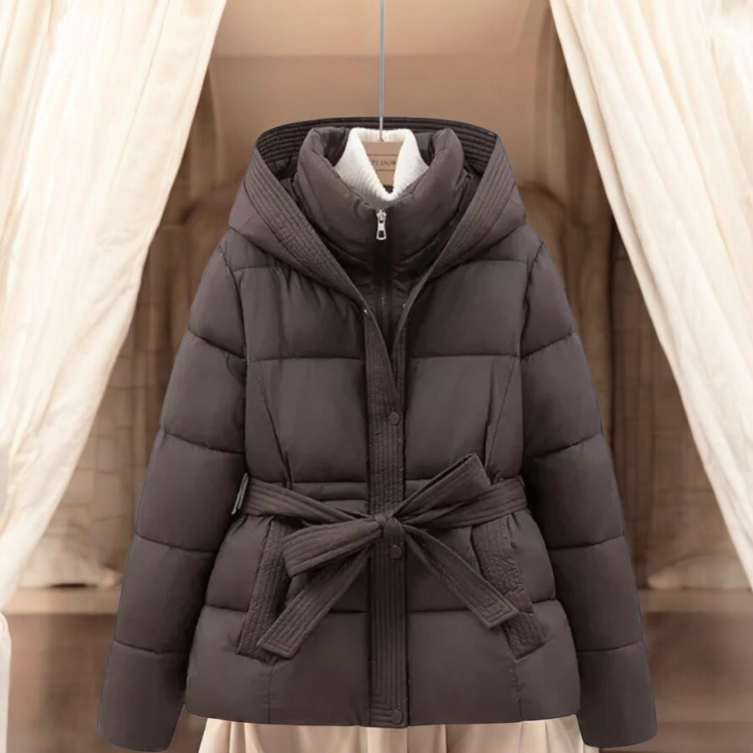 Fashionable Women's Belt with Warm Puffy Coat and Large Collar for Winter - Perfect Style and Maximum Comfort