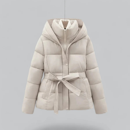 Winter puff coat for women with belt, hood, and cropped design: a stylish and functional combination of original warmth and protection