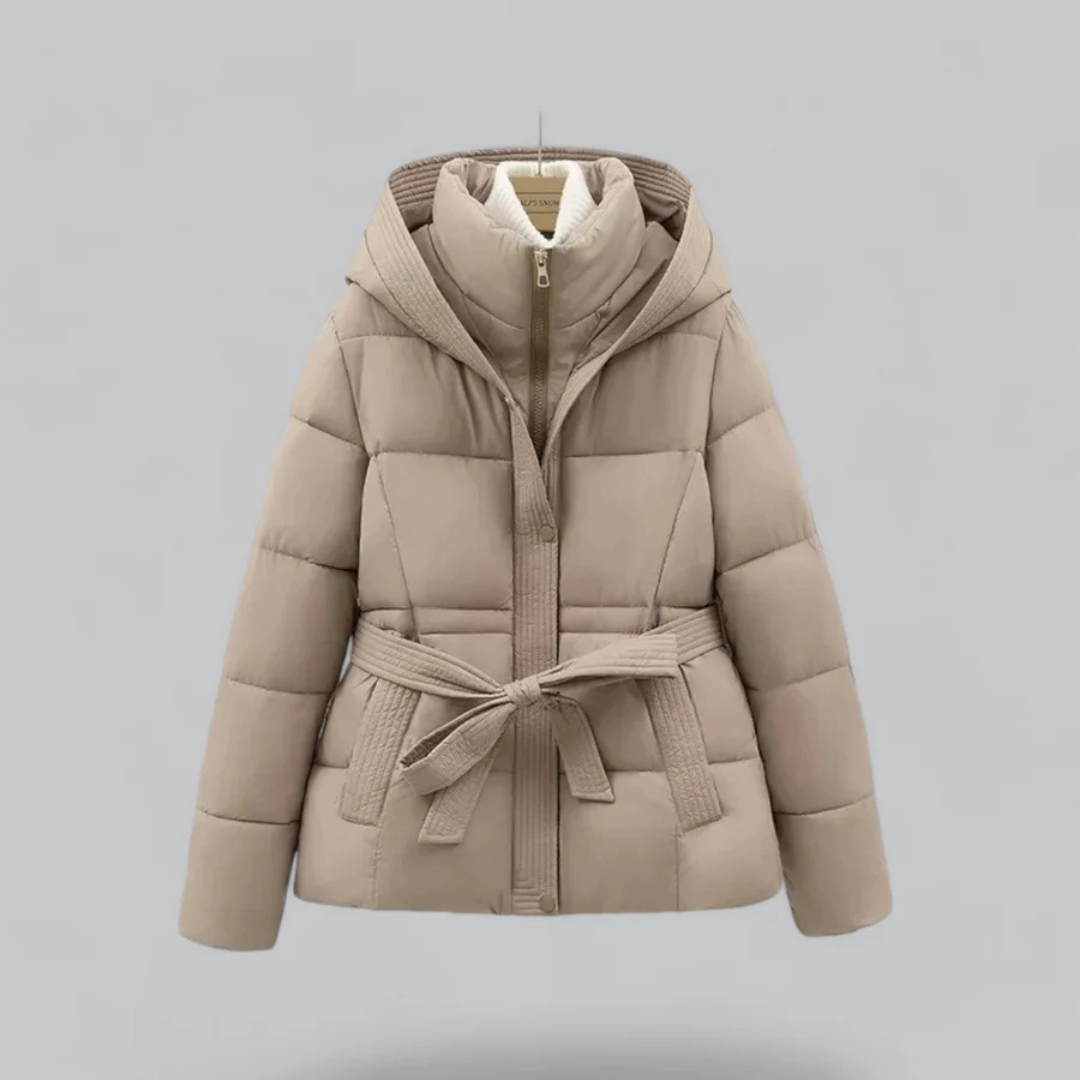 Winter puff coat for women with belt, hood, and cropped design: a stylish and functional combination of original warmth and protection