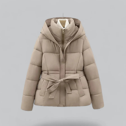 Winter puff coat for women with belt, hood, and cropped design: a stylish and functional combination of original warmth and protection