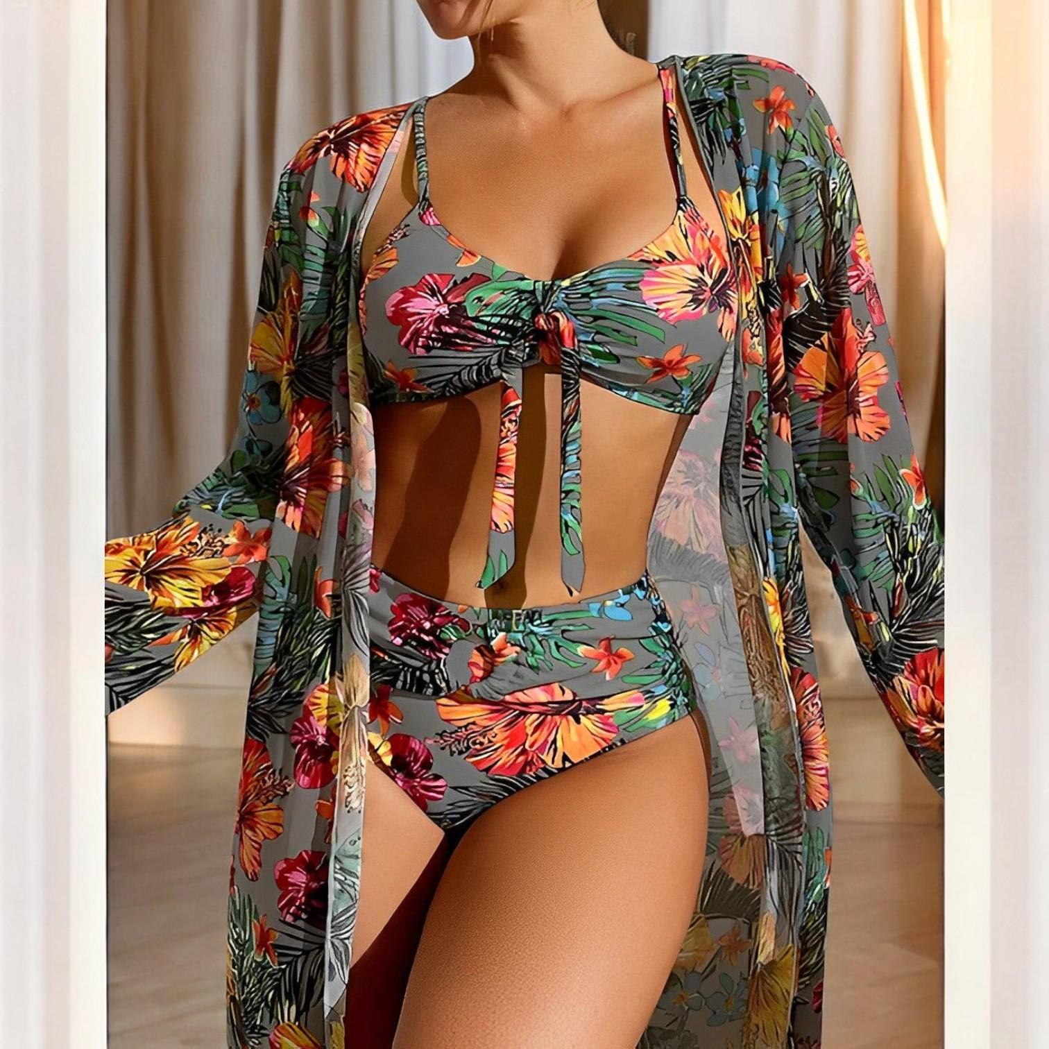 Isla - Designed Bikini Set with Tropical Print and Fashionable Helmet