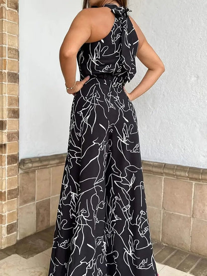 Stylish sleeveless pantsuit with modern print and high waist belt for wide-leg legs, for a fashionable and unique look
