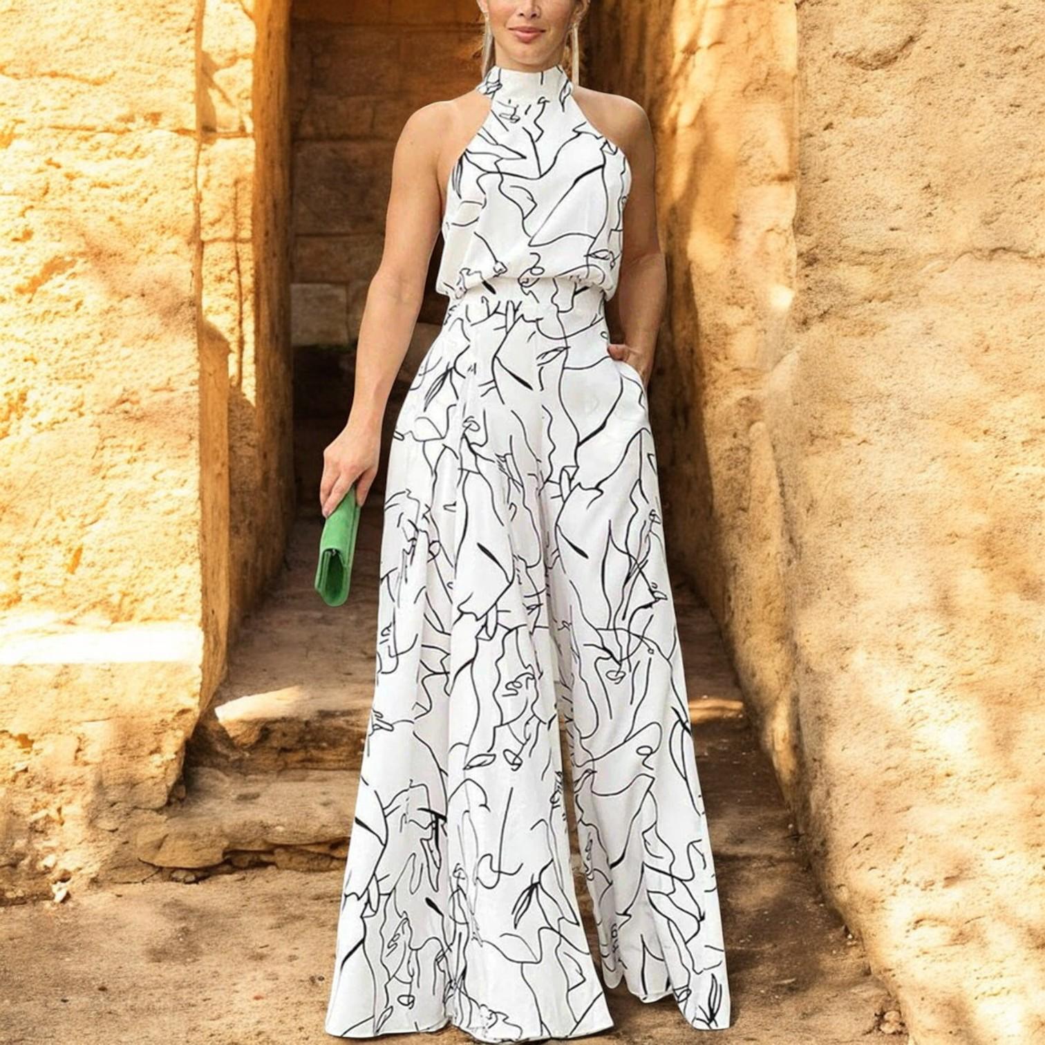Stylish sleeveless pantsuit with modern print and high waist belt for wide-leg legs, for a fashionable and unique look