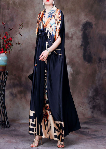 Colorful Silk Dress in Italy with V-Neck, Asymmetric Design, and Short Sleeves