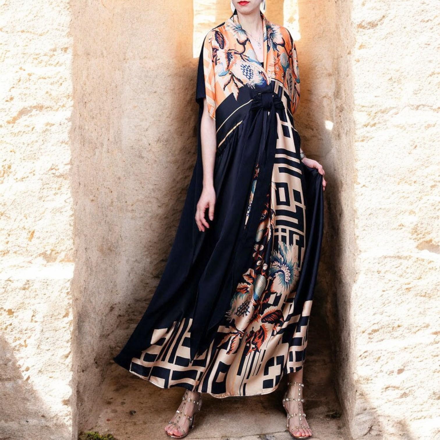 Colorful Silk Dress in Italy with V-Neck, Asymmetric Design, and Short Sleeves