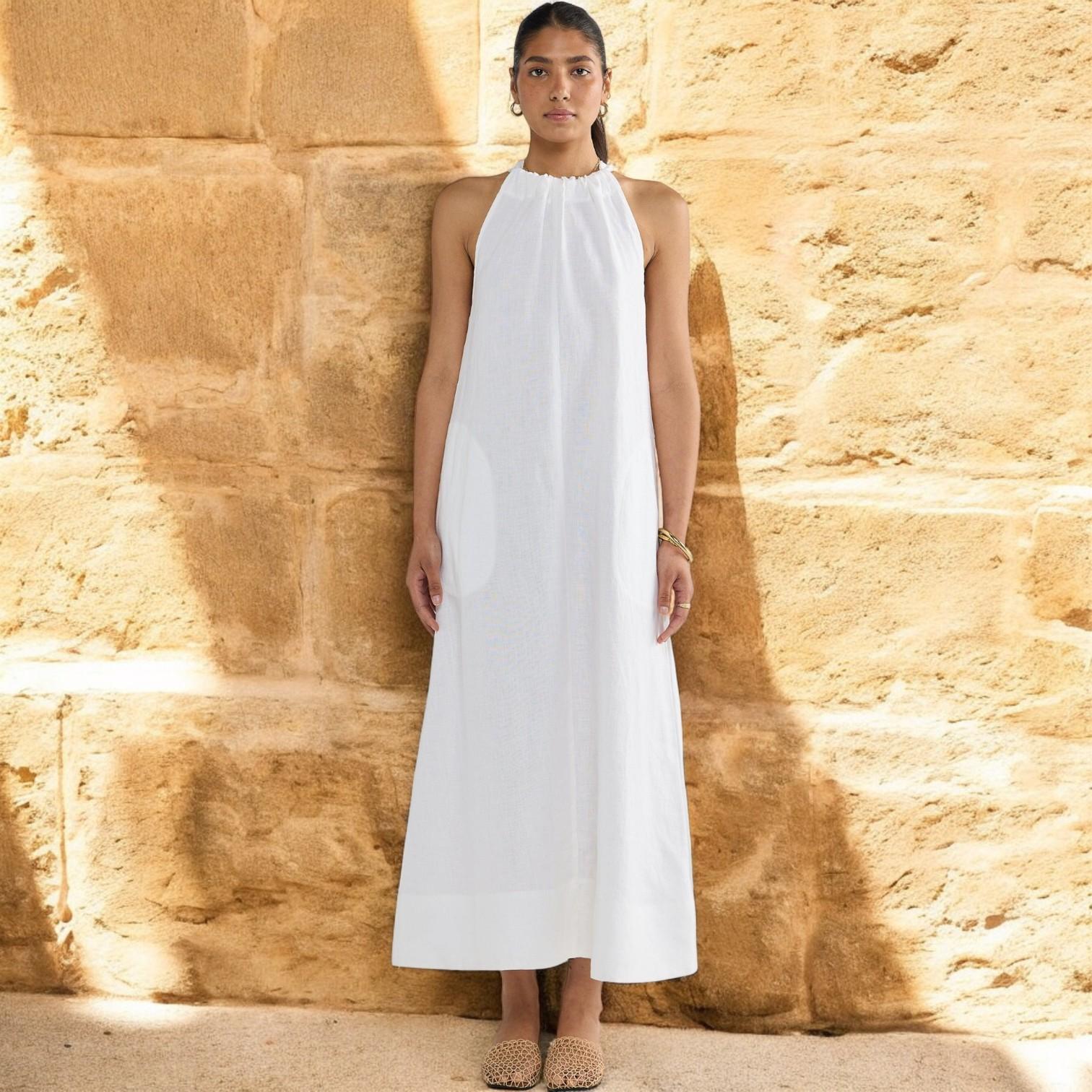 Elegant Beach Dress with Linen Belt for a Summer Style and Glamour