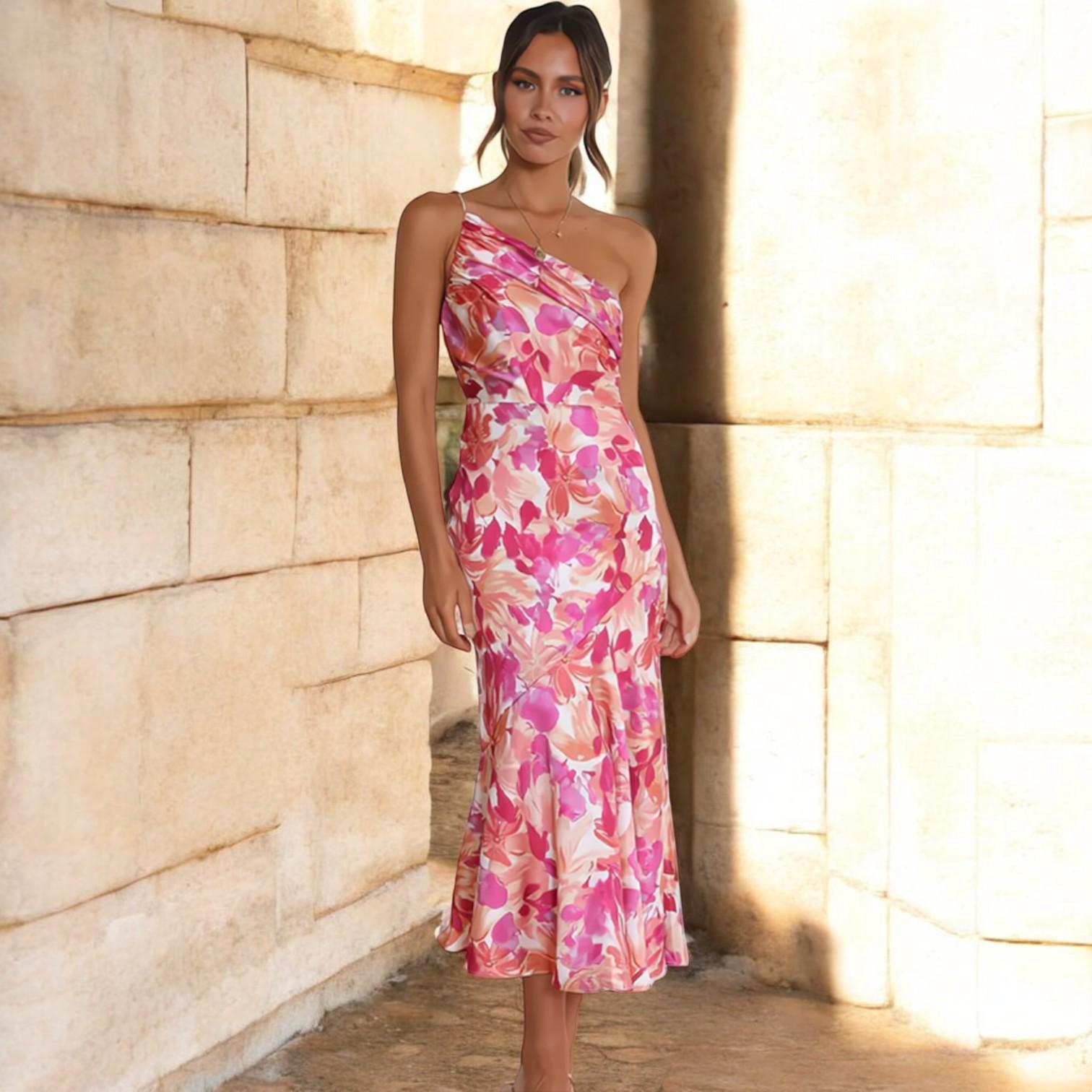 Elegant floral dress by Mickey with unique entry style