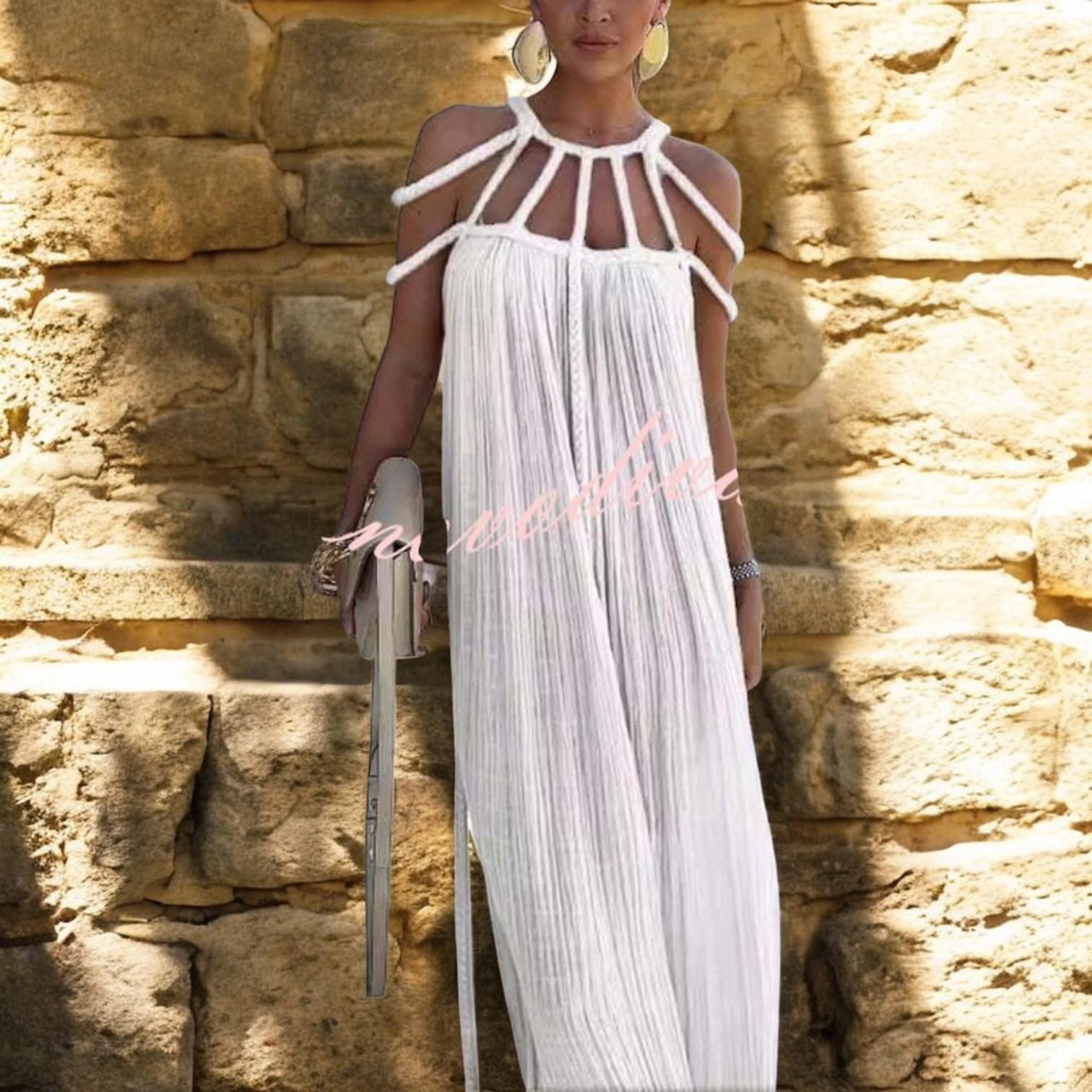 Elegant Maxi Dress with Detailed Pleats andDesigned Braided Details Made from Premium Linen Blend Fabric