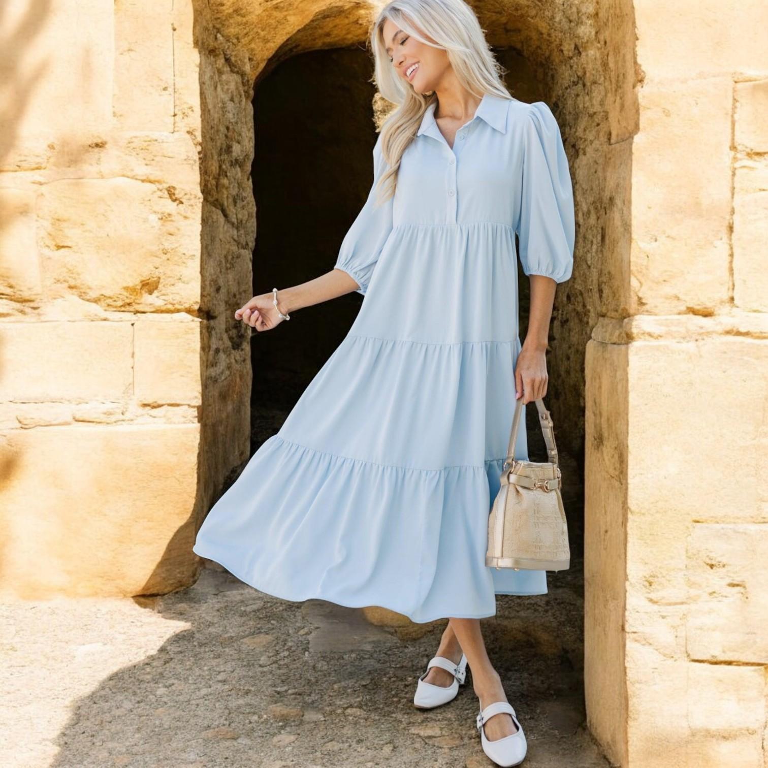 Elegant Blue Striped Midi Dress for Special Events