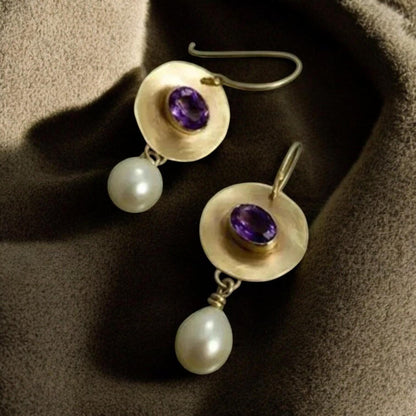Sharia – Purple Zirconia Pearl Earrings in Elegant Vintage Style