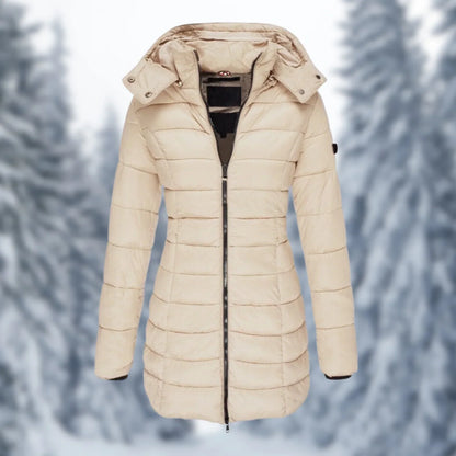 Women's mid-length waterproof winter coat with elegant curved lines - the perfect combination of warmth and style