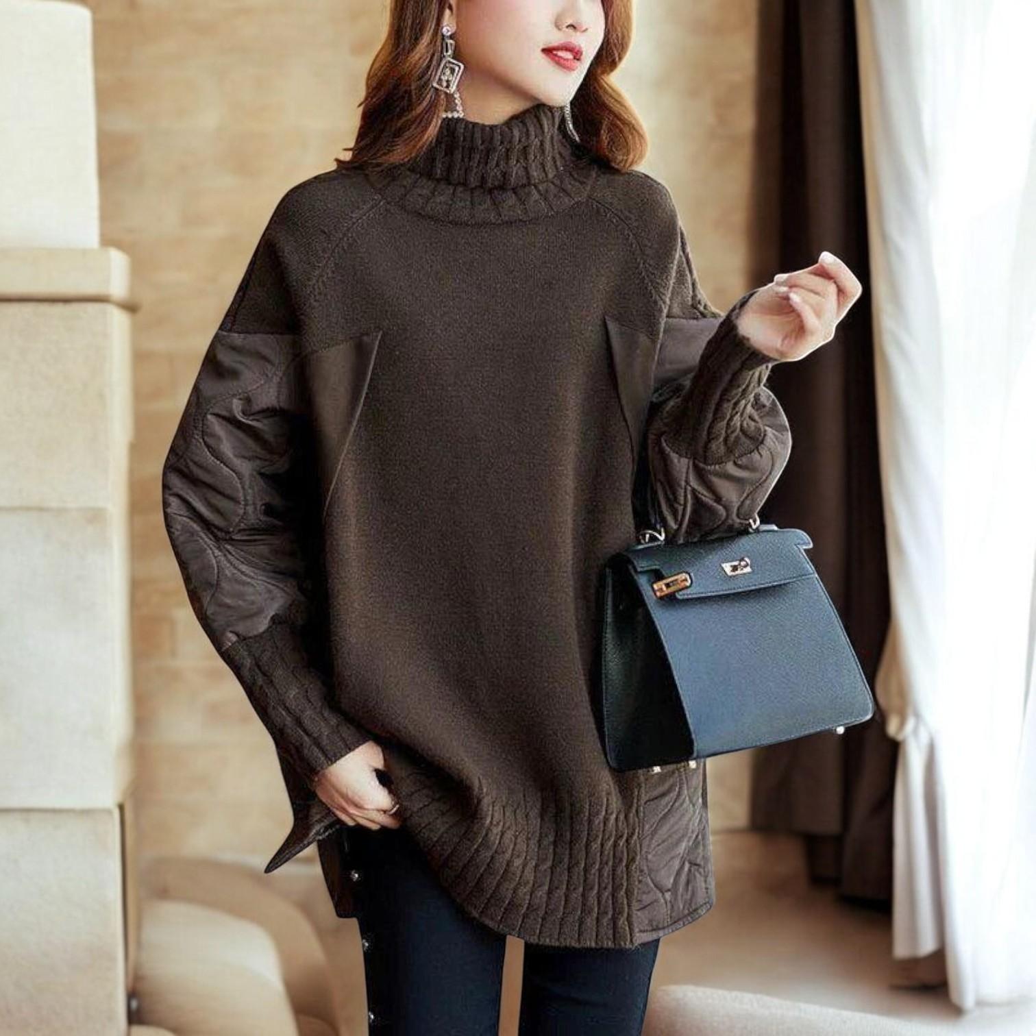 Wide knitted sweater with luxury turtleneck and unique patchwork for perfect comfort