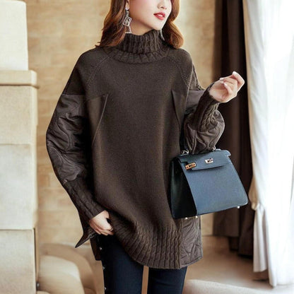 Wide knitted sweater with luxury turtleneck and unique patchwork for perfect comfort