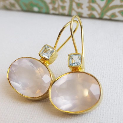 Vintage-style gold and green crystal earrings with coral pearl